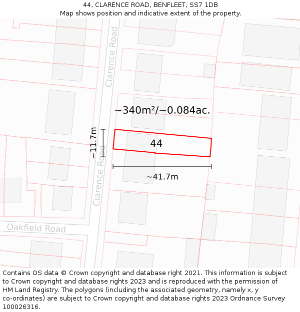 44, CLARENCE ROAD, BENFLEET, SS7 1DB: Plot and title map