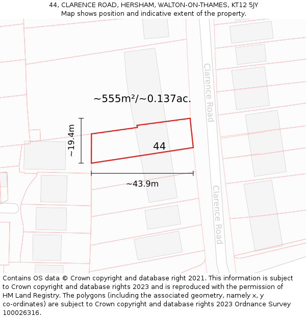 44, CLARENCE ROAD, HERSHAM, WALTON-ON-THAMES, KT12 5JY: Plot and title map