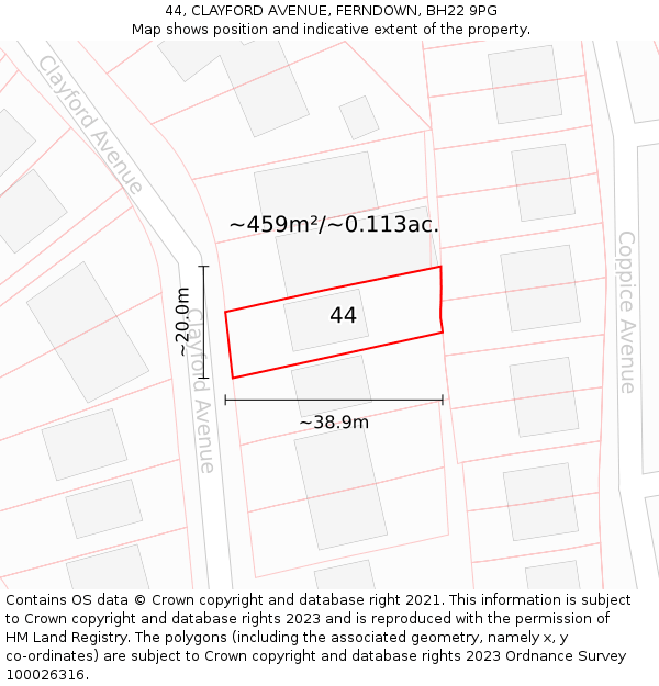 44, CLAYFORD AVENUE, FERNDOWN, BH22 9PG: Plot and title map