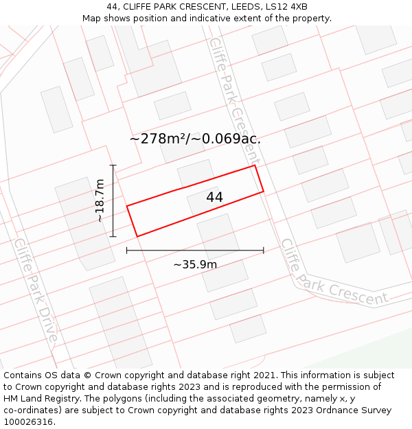 44, CLIFFE PARK CRESCENT, LEEDS, LS12 4XB: Plot and title map