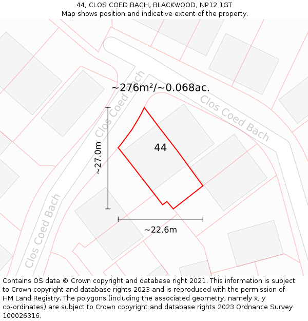 44, CLOS COED BACH, BLACKWOOD, NP12 1GT: Plot and title map