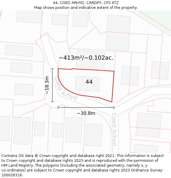 44, COED ARHYD, CARDIFF, CF5 4TZ: Plot and title map