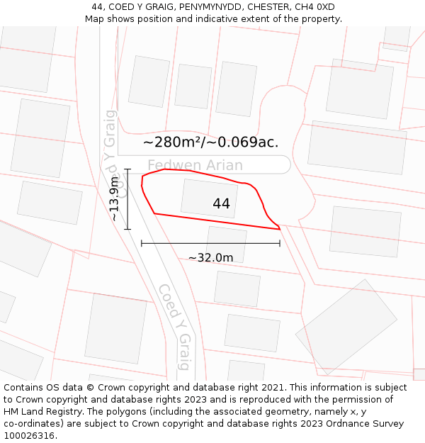 44, COED Y GRAIG, PENYMYNYDD, CHESTER, CH4 0XD: Plot and title map