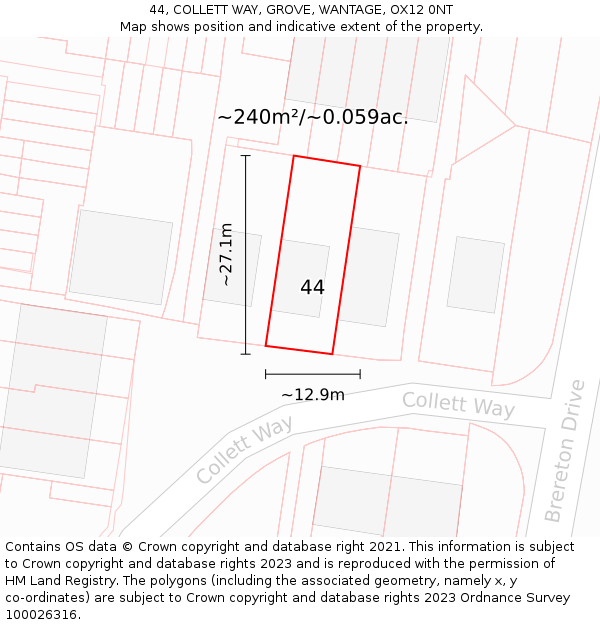 44, COLLETT WAY, GROVE, WANTAGE, OX12 0NT: Plot and title map