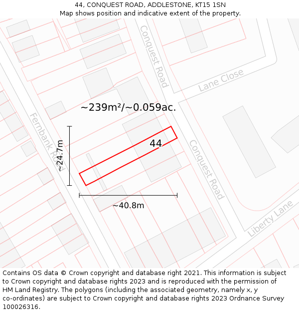 44, CONQUEST ROAD, ADDLESTONE, KT15 1SN: Plot and title map