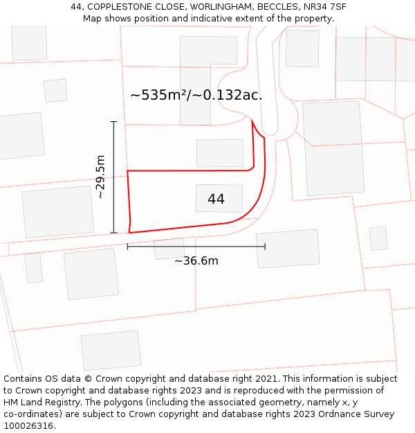 44, COPPLESTONE CLOSE, WORLINGHAM, BECCLES, NR34 7SF: Plot and title map