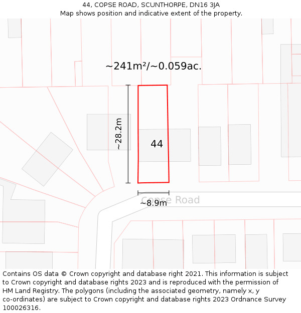 44, COPSE ROAD, SCUNTHORPE, DN16 3JA: Plot and title map