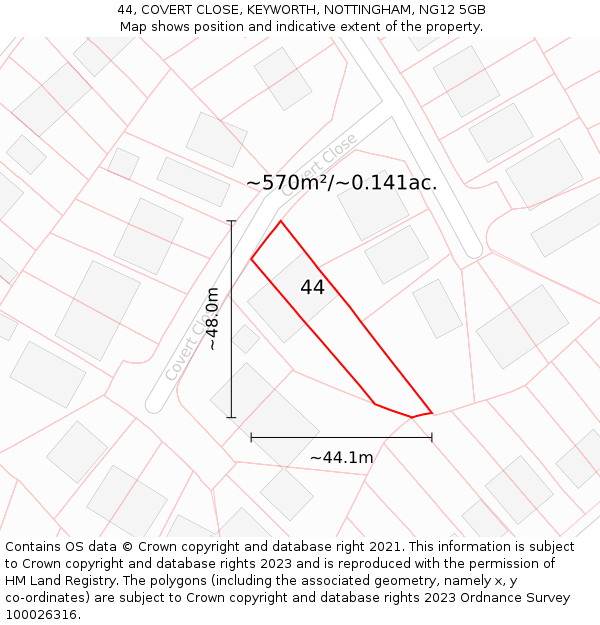 44, COVERT CLOSE, KEYWORTH, NOTTINGHAM, NG12 5GB: Plot and title map