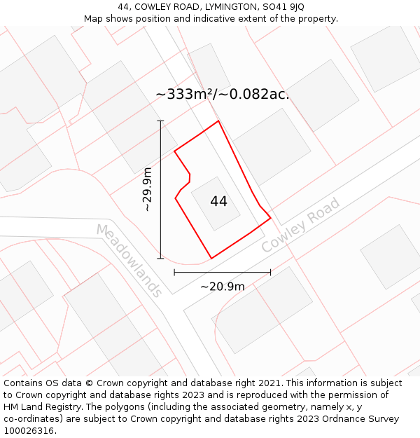 44, COWLEY ROAD, LYMINGTON, SO41 9JQ: Plot and title map