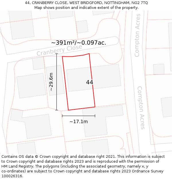 44, CRANBERRY CLOSE, WEST BRIDGFORD, NOTTINGHAM, NG2 7TQ: Plot and title map