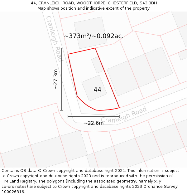 44, CRANLEIGH ROAD, WOODTHORPE, CHESTERFIELD, S43 3BH: Plot and title map