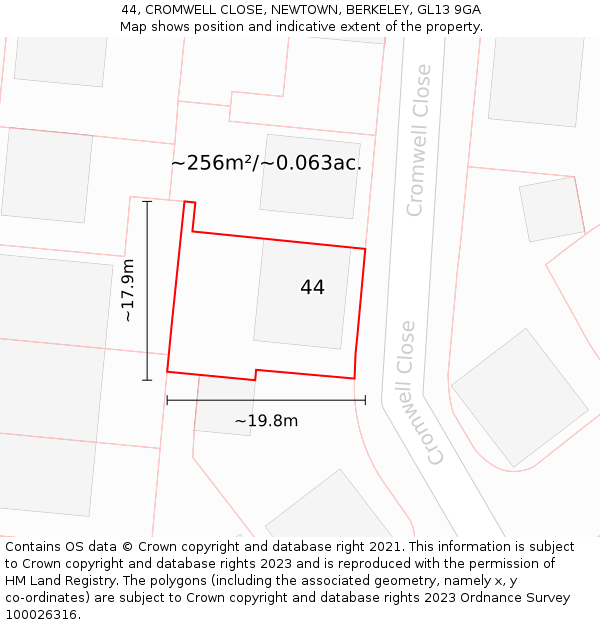 44, CROMWELL CLOSE, NEWTOWN, BERKELEY, GL13 9GA: Plot and title map