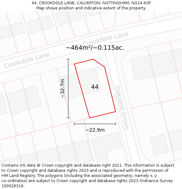 44, CROOKDOLE LANE, CALVERTON, NOTTINGHAM, NG14 6GF: Plot and title map