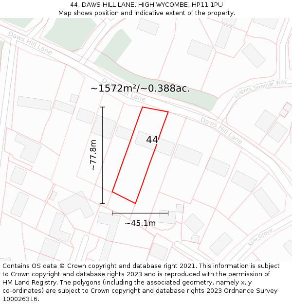 44, DAWS HILL LANE, HIGH WYCOMBE, HP11 1PU: Plot and title map