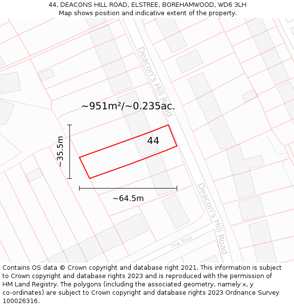 44, DEACONS HILL ROAD, ELSTREE, BOREHAMWOOD, WD6 3LH: Plot and title map