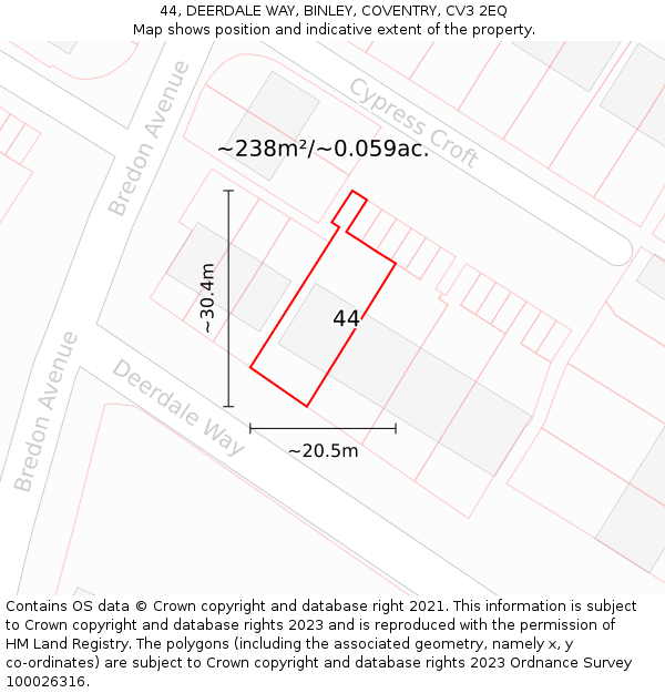 44, DEERDALE WAY, BINLEY, COVENTRY, CV3 2EQ: Plot and title map