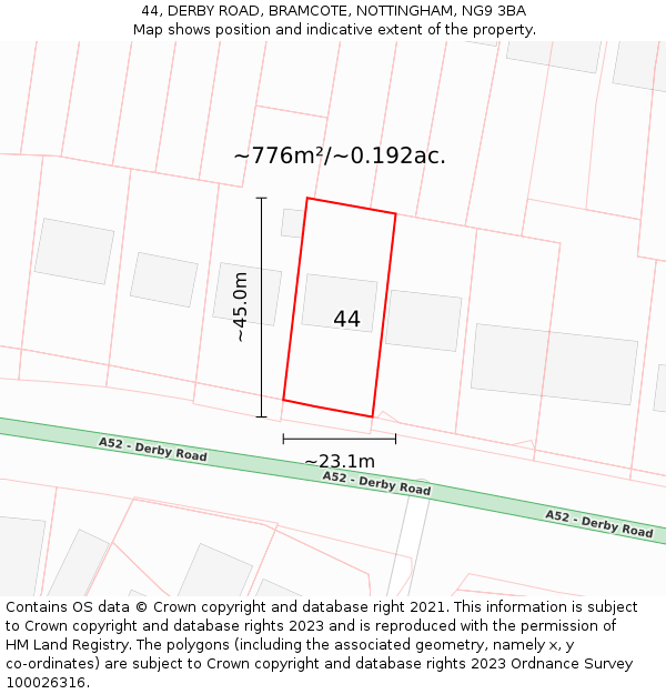 44, DERBY ROAD, BRAMCOTE, NOTTINGHAM, NG9 3BA: Plot and title map