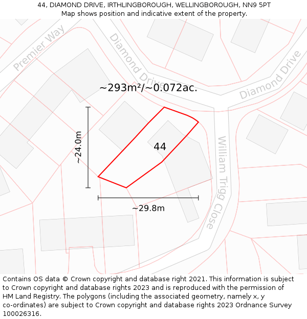 44, DIAMOND DRIVE, IRTHLINGBOROUGH, WELLINGBOROUGH, NN9 5PT: Plot and title map