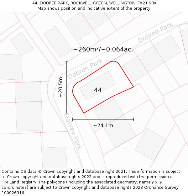 44, DOBREE PARK, ROCKWELL GREEN, WELLINGTON, TA21 9RX: Plot and title map