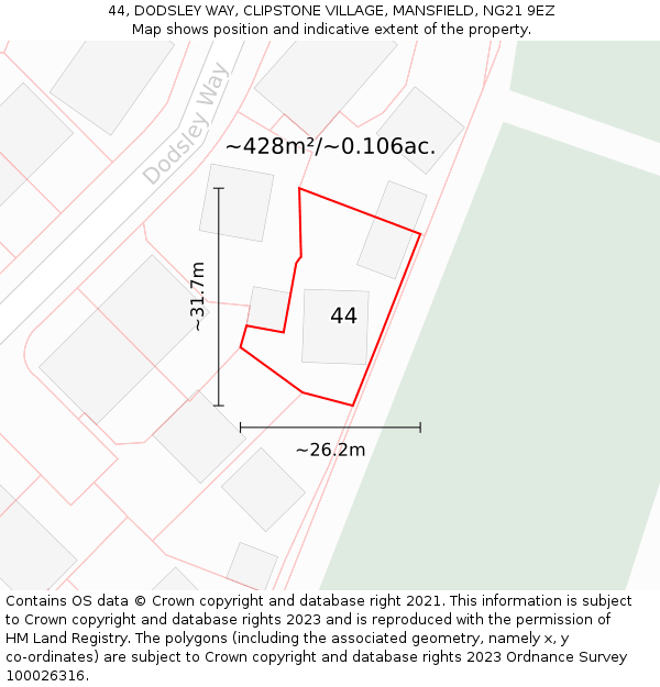 44, DODSLEY WAY, CLIPSTONE VILLAGE, MANSFIELD, NG21 9EZ: Plot and title map