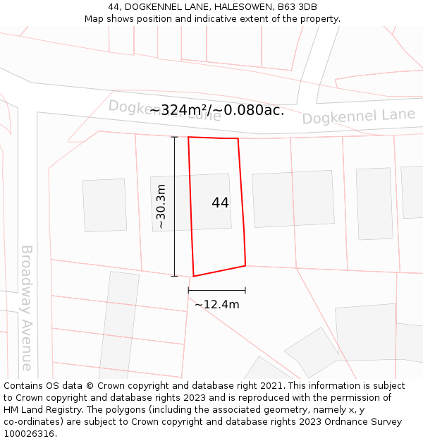 44, DOGKENNEL LANE, HALESOWEN, B63 3DB: Plot and title map