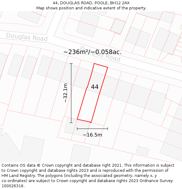 44, DOUGLAS ROAD, POOLE, BH12 2AX: Plot and title map