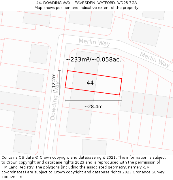 44, DOWDING WAY, LEAVESDEN, WATFORD, WD25 7GA: Plot and title map