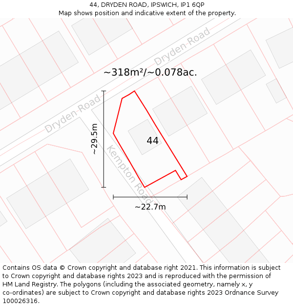 44, DRYDEN ROAD, IPSWICH, IP1 6QP: Plot and title map