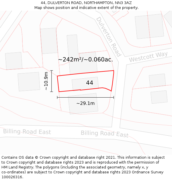 44, DULVERTON ROAD, NORTHAMPTON, NN3 3AZ: Plot and title map