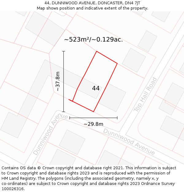 44, DUNNIWOOD AVENUE, DONCASTER, DN4 7JT: Plot and title map