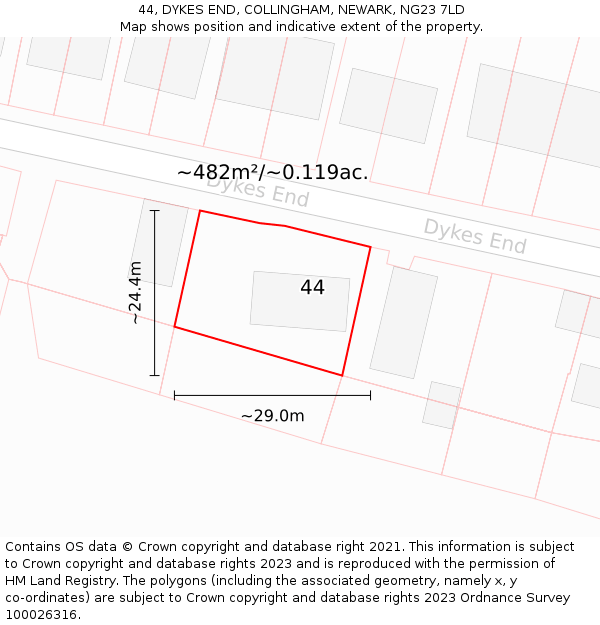 44, DYKES END, COLLINGHAM, NEWARK, NG23 7LD: Plot and title map