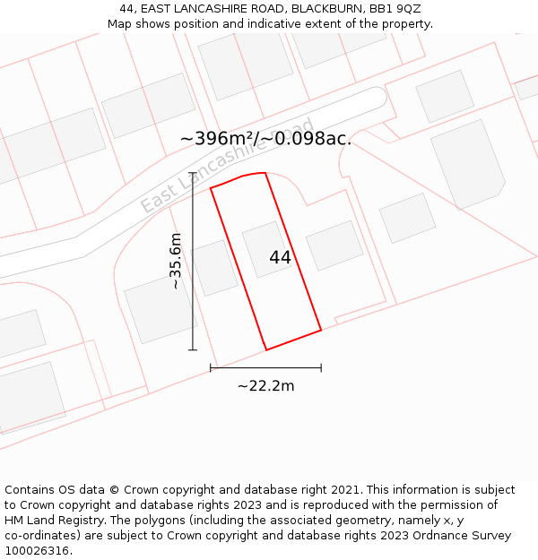 44, EAST LANCASHIRE ROAD, BLACKBURN, BB1 9QZ: Plot and title map