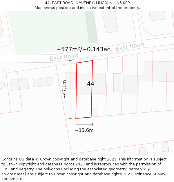 44, EAST ROAD, NAVENBY, LINCOLN, LN5 0EP: Plot and title map