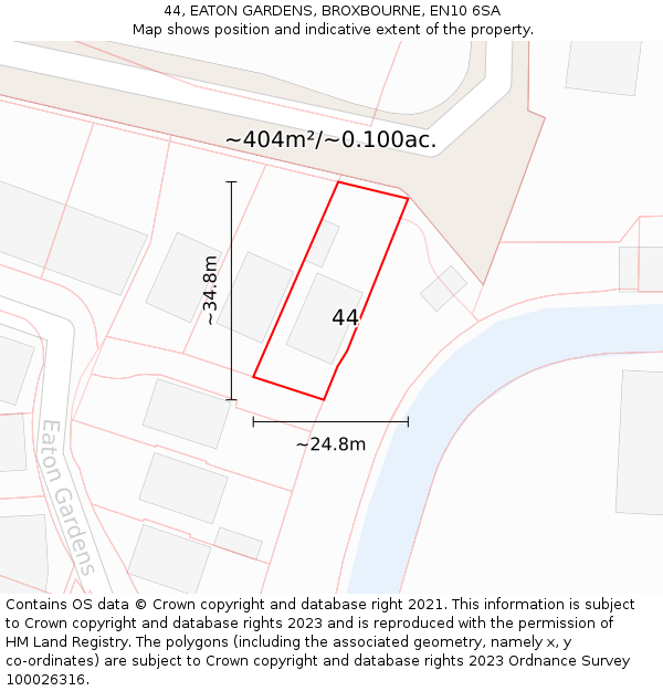 44, EATON GARDENS, BROXBOURNE, EN10 6SA: Plot and title map