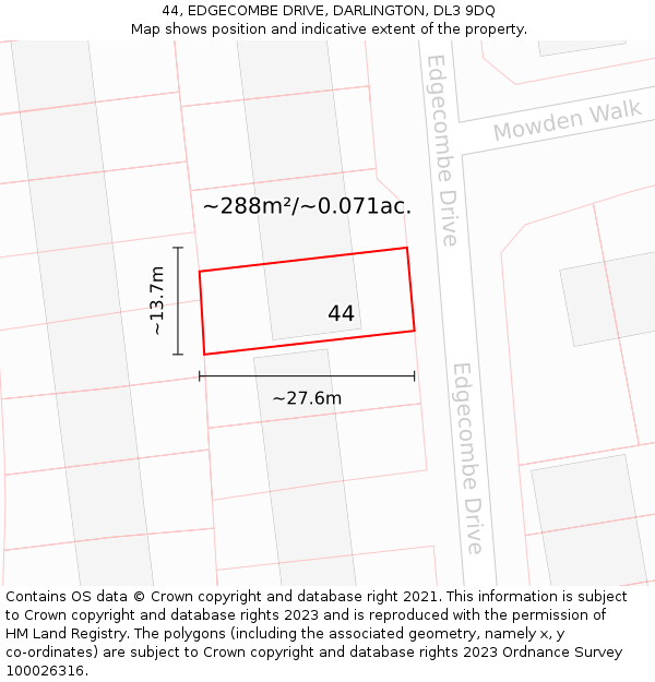 44, EDGECOMBE DRIVE, DARLINGTON, DL3 9DQ: Plot and title map