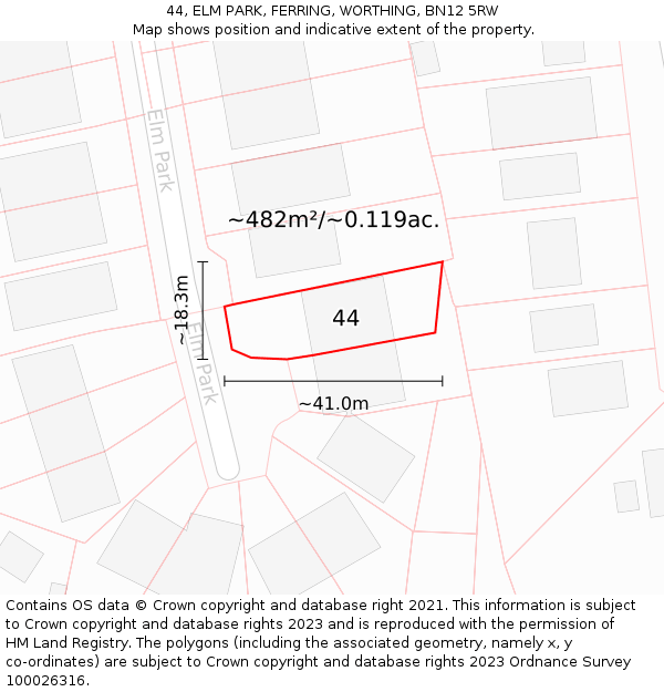 44, ELM PARK, FERRING, WORTHING, BN12 5RW: Plot and title map