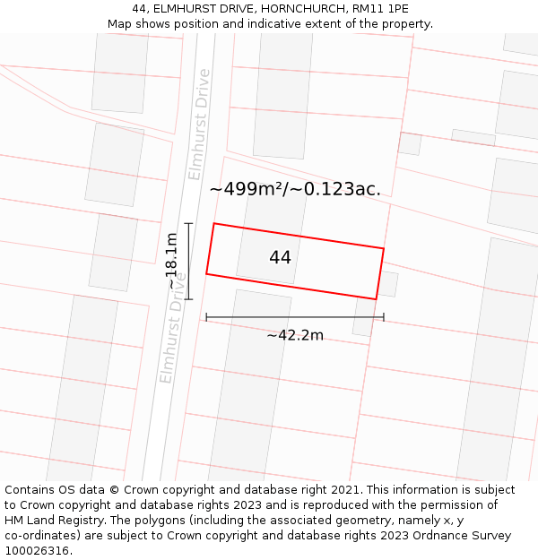 44, ELMHURST DRIVE, HORNCHURCH, RM11 1PE: Plot and title map