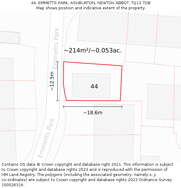 44, EMMETTS PARK, ASHBURTON, NEWTON ABBOT, TQ13 7DB: Plot and title map