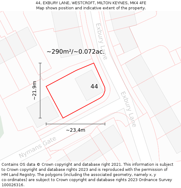 44, EXBURY LANE, WESTCROFT, MILTON KEYNES, MK4 4FE: Plot and title map