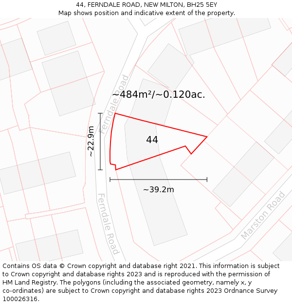 44, FERNDALE ROAD, NEW MILTON, BH25 5EY: Plot and title map