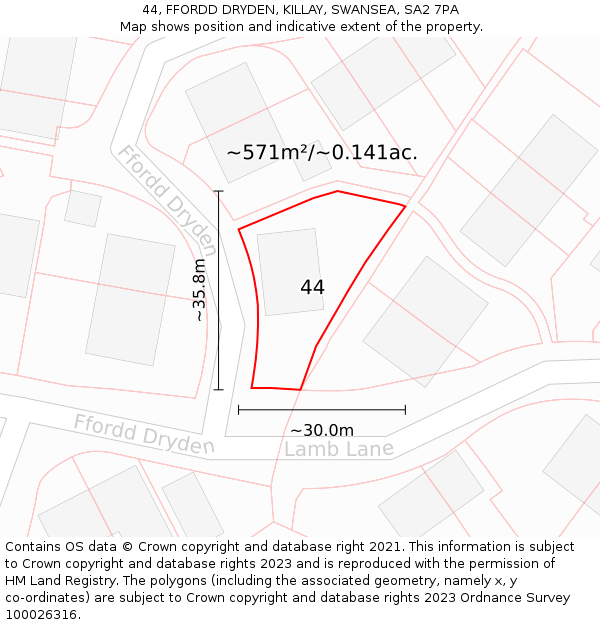 44, FFORDD DRYDEN, KILLAY, SWANSEA, SA2 7PA: Plot and title map