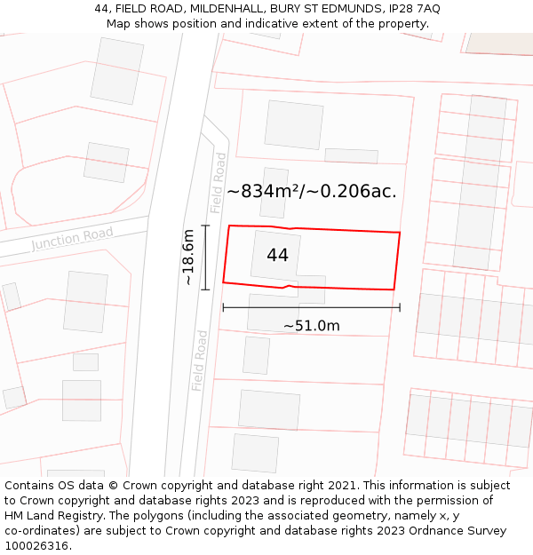 44, FIELD ROAD, MILDENHALL, BURY ST EDMUNDS, IP28 7AQ: Plot and title map