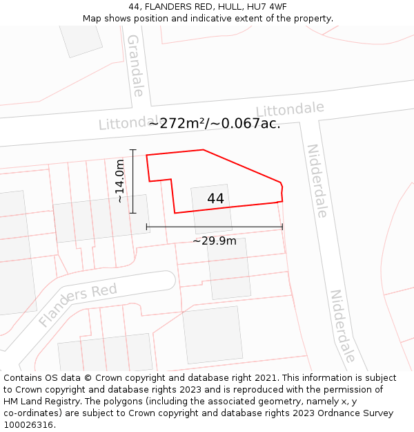 44, FLANDERS RED, HULL, HU7 4WF: Plot and title map