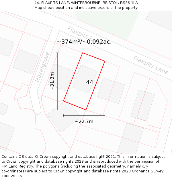 44, FLAXPITS LANE, WINTERBOURNE, BRISTOL, BS36 1LA: Plot and title map