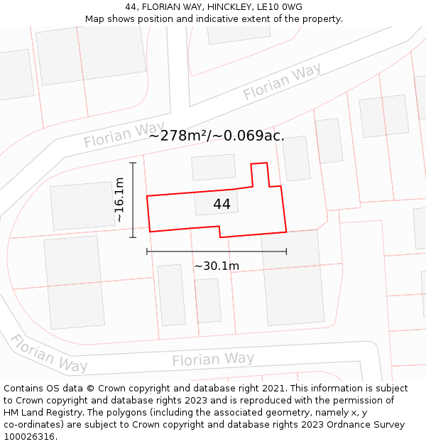 44, FLORIAN WAY, HINCKLEY, LE10 0WG: Plot and title map