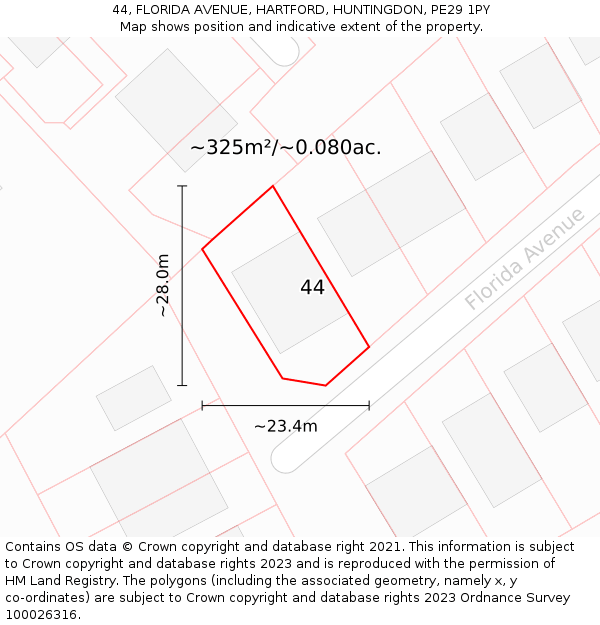 44, FLORIDA AVENUE, HARTFORD, HUNTINGDON, PE29 1PY: Plot and title map