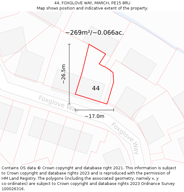 44, FOXGLOVE WAY, MARCH, PE15 8RU: Plot and title map