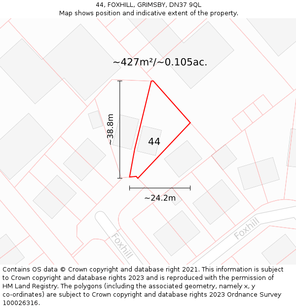 44, FOXHILL, GRIMSBY, DN37 9QL: Plot and title map