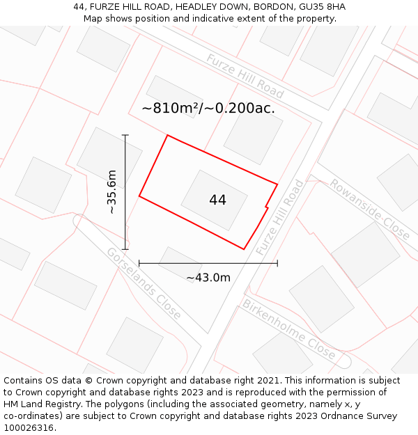 44, FURZE HILL ROAD, HEADLEY DOWN, BORDON, GU35 8HA: Plot and title map