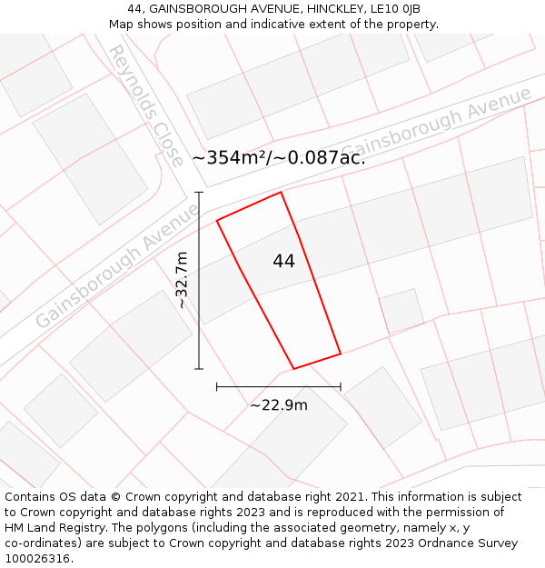 44, GAINSBOROUGH AVENUE, HINCKLEY, LE10 0JB: Plot and title map